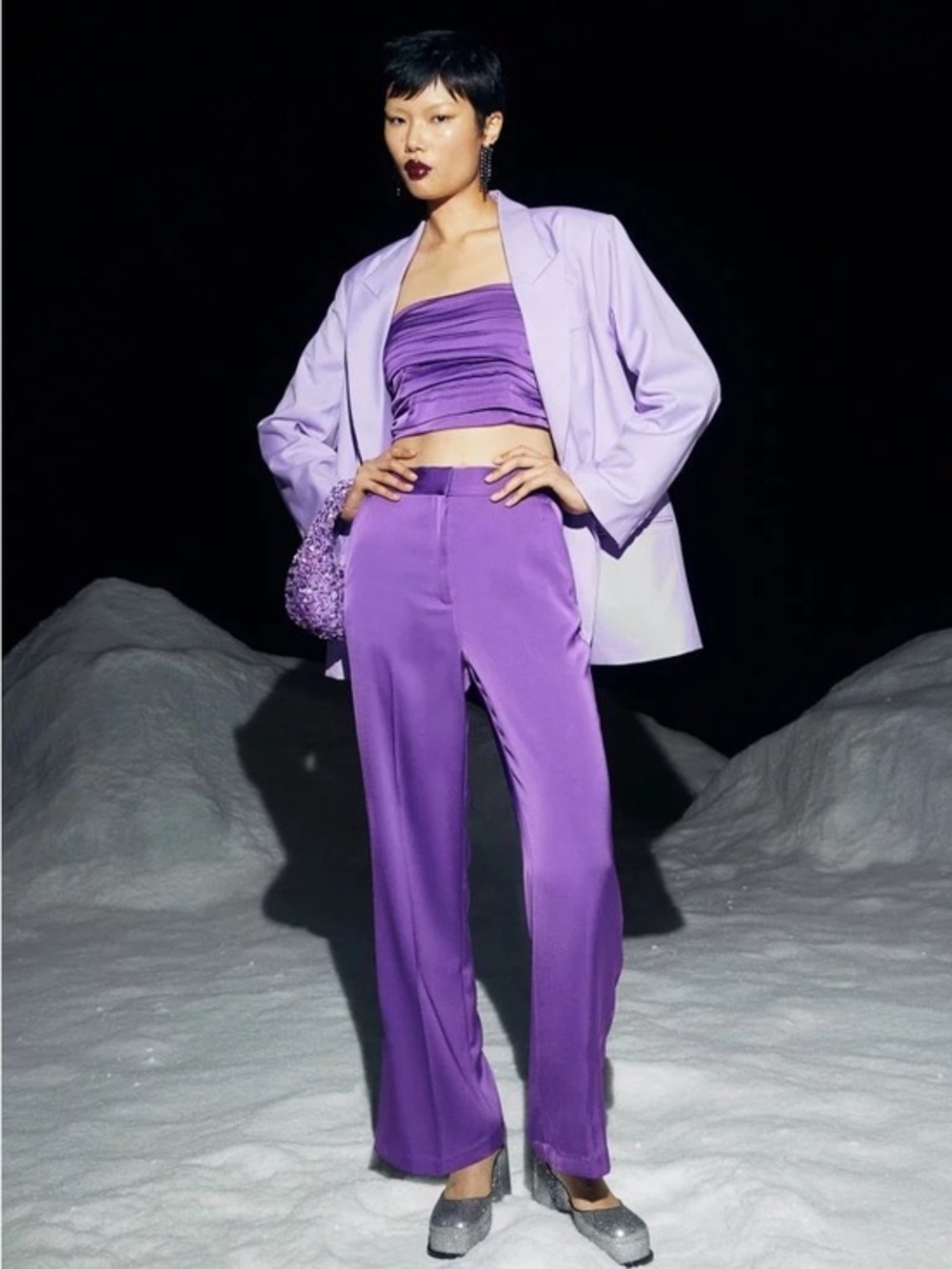 Wide leg purple satin pants